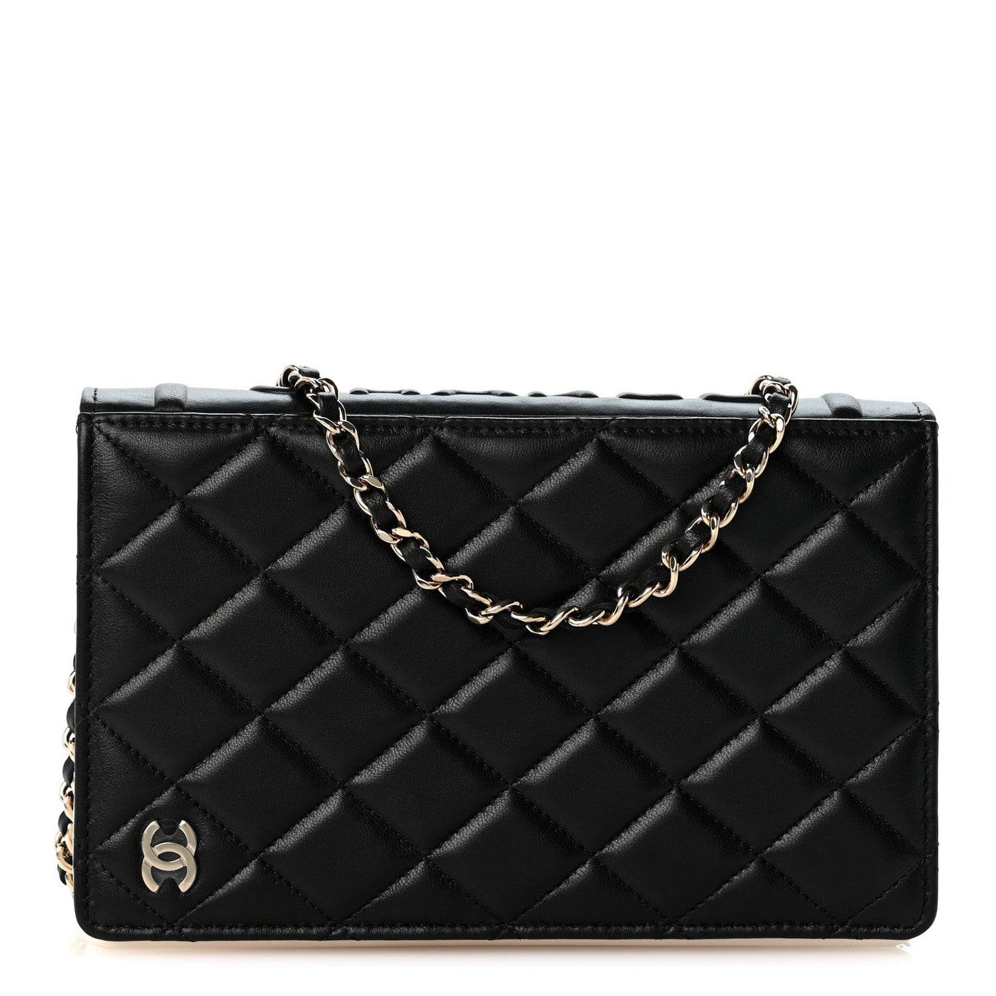 Lambskin Quilted Book Wallet On Chain WOC Black