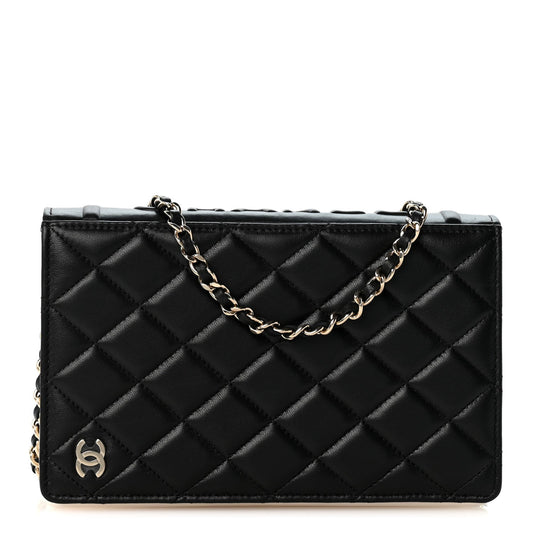 Lambskin Quilted Book Wallet On Chain WOC Black