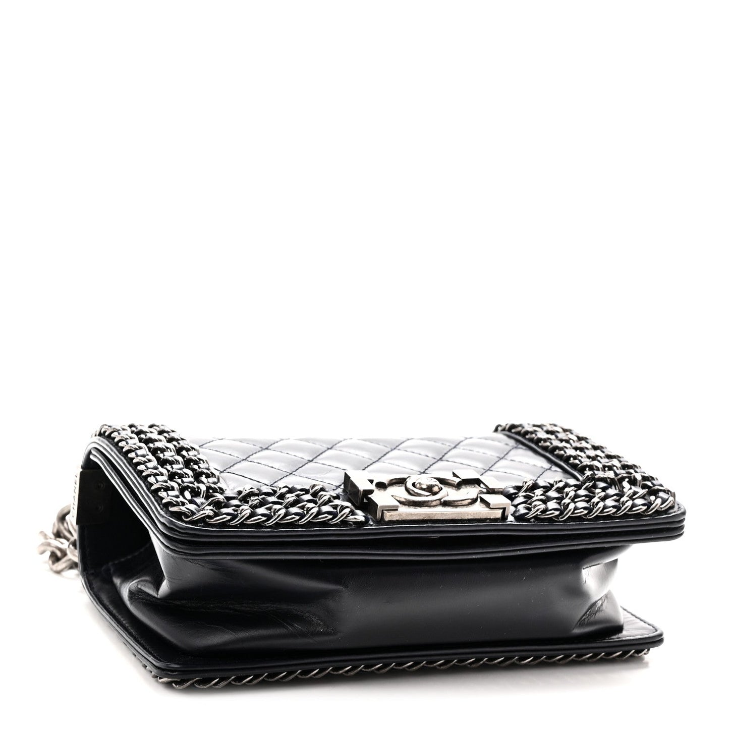 Glazed Calfskin Quilted Small Boy Chained Flap Navy