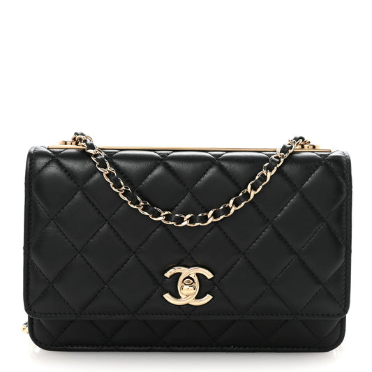 Lambskin Quilted Trendy CC Wallet On Chain WOC Black