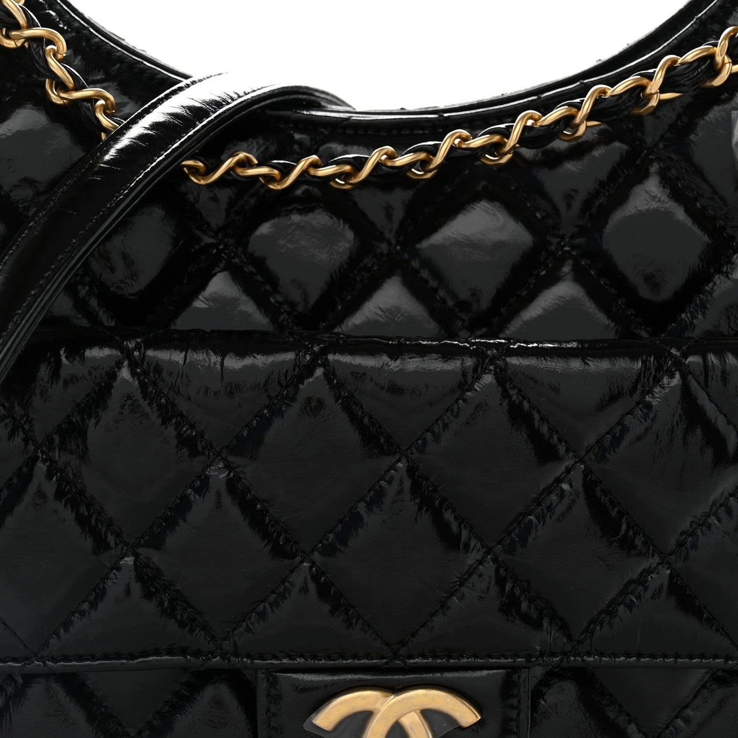 Shiny Crumpled Calfskin Quilted Wavy CC Hobo Black