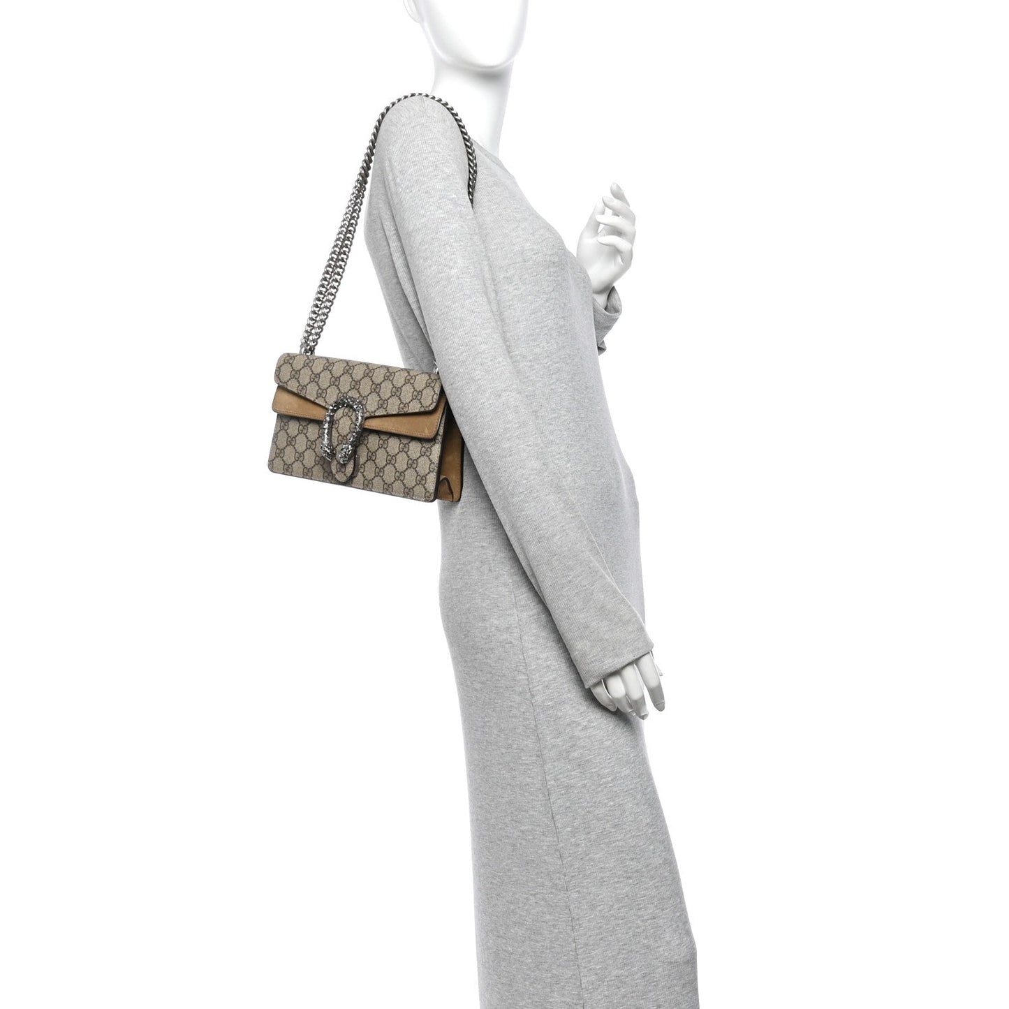 GG Supreme Monogram Suede Crystal Small Dionysus Shoulder Bag Beige Ebony Taupe