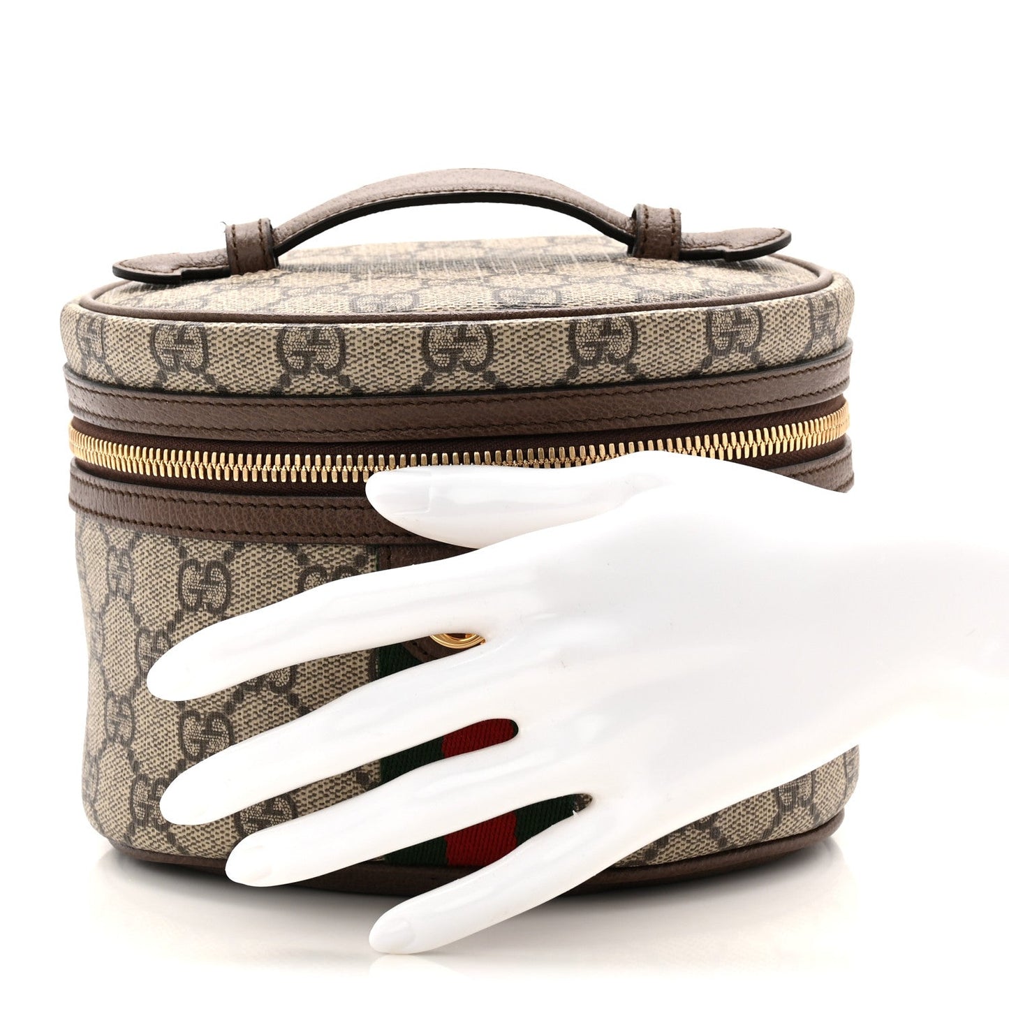 GG Supreme Monogram Textured Calfskin Web Ophidia Vanity Cosmetic Case Beige Ebony New Acero