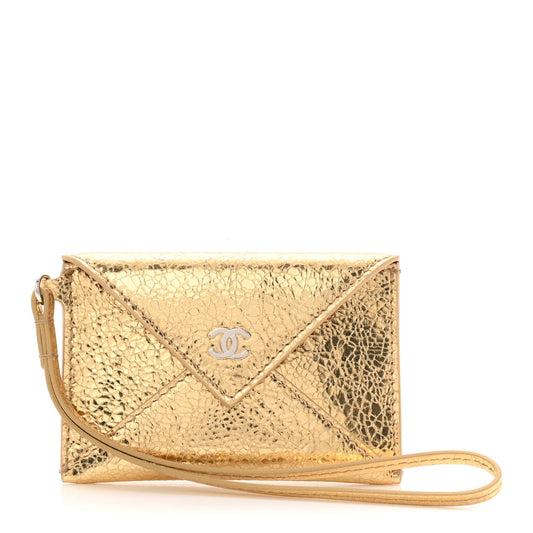 Metallic Lambskin Card Holder With Strap Gold