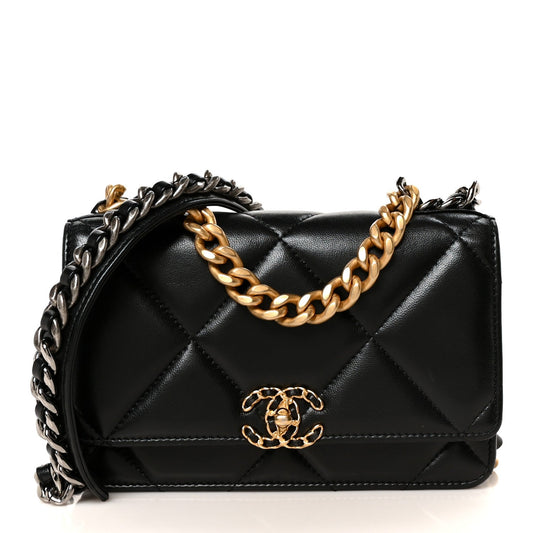 Lambskin Quilted Chanel 19 Wallet On Chain WOC Black