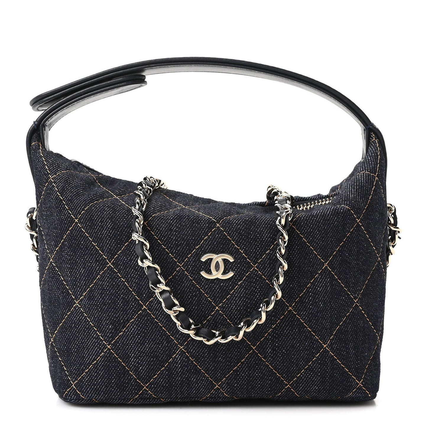 Denim Quilted Hobo Clutch With Chain Dark Blue Orange