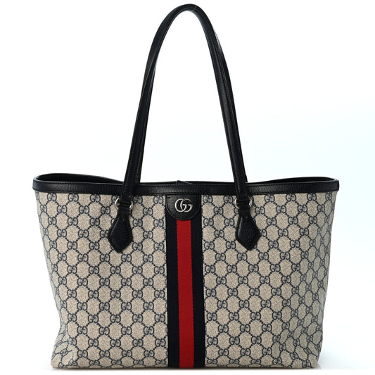 GG Supreme Monogram Textured Calfskin Web Medium Ophidia Shopping Tote Beige Blue