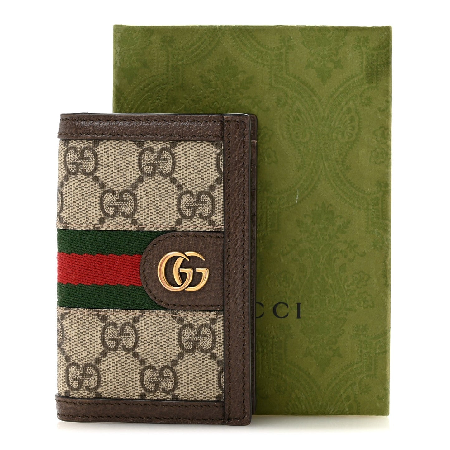 GG Supreme Monogram Web Ophidia Card Case Beige Ebony Electric Green