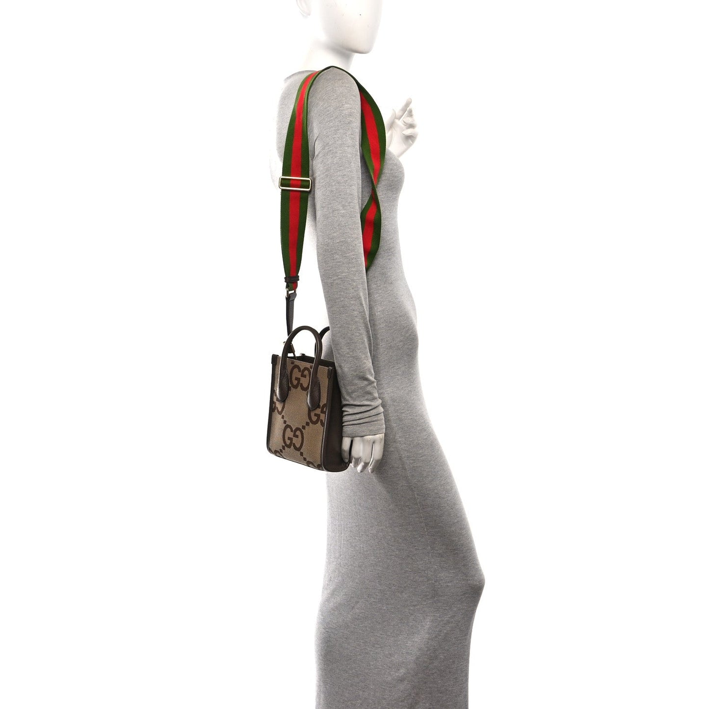 Monogram Jumbo GG Textured Dollar Calfskin Web Mini Vertical Tote Camel Ebony New Acero