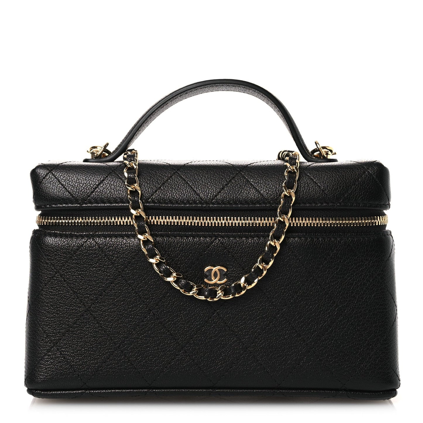 Goatskin Stitched Top Handle Slim Vanity With Chain Black
