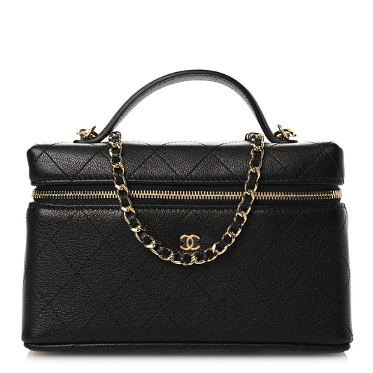 Goatskin Stitched Top Handle Slim Vanity With Chain Black