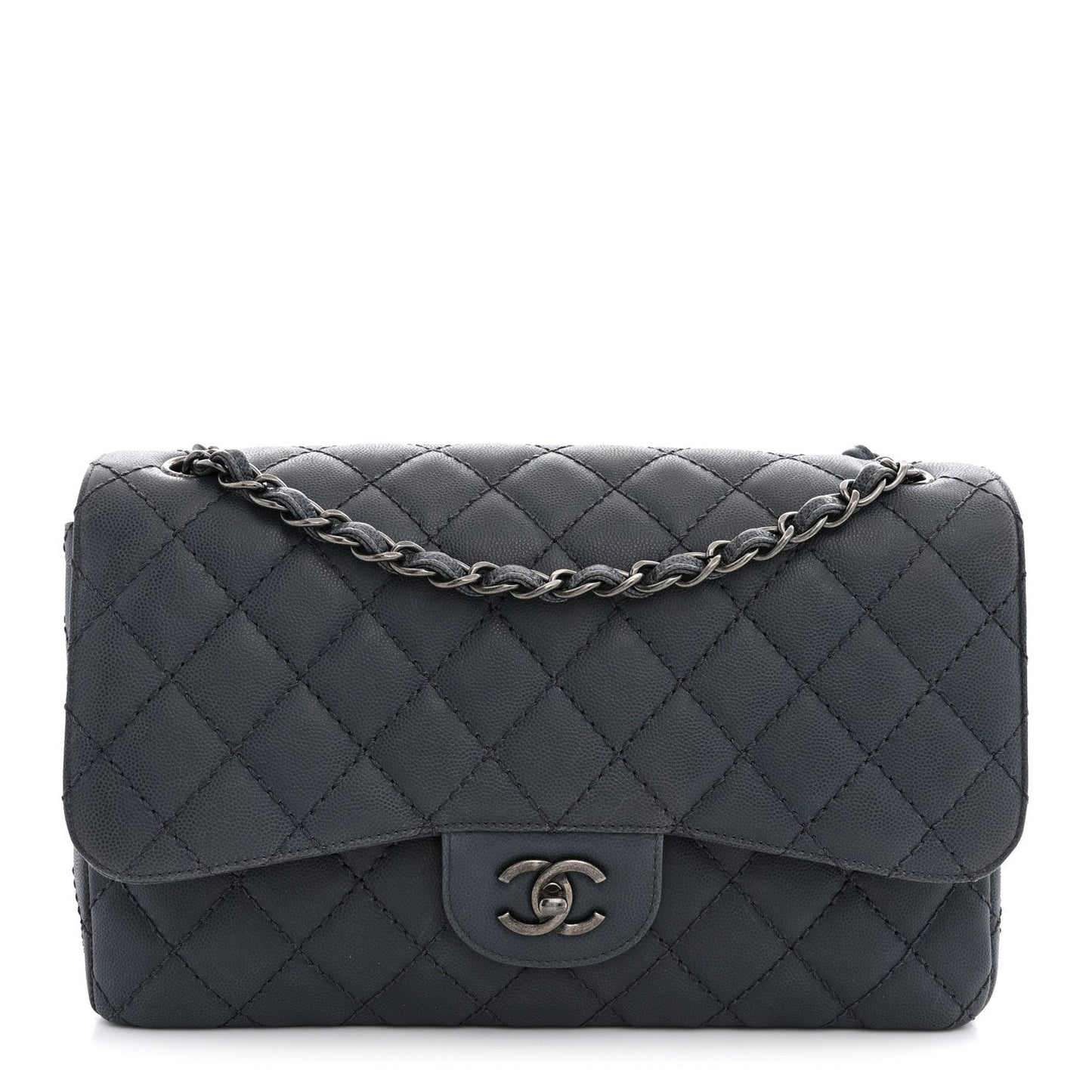 Washed Caviar Quilted Jumbo Double Flap Dark Grey