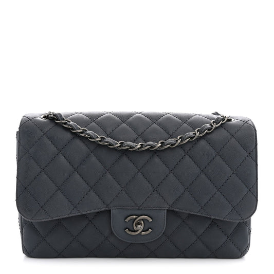 Washed Caviar Quilted Jumbo Double Flap Dark Grey