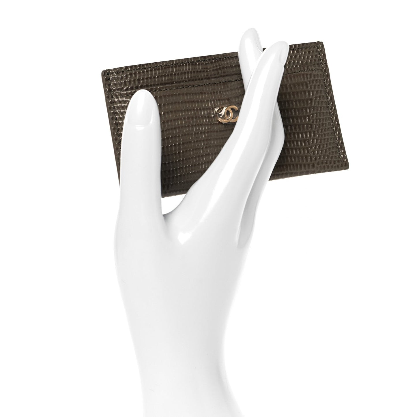 Calfskin Lizard Embossed Card Holder Dark Khaki