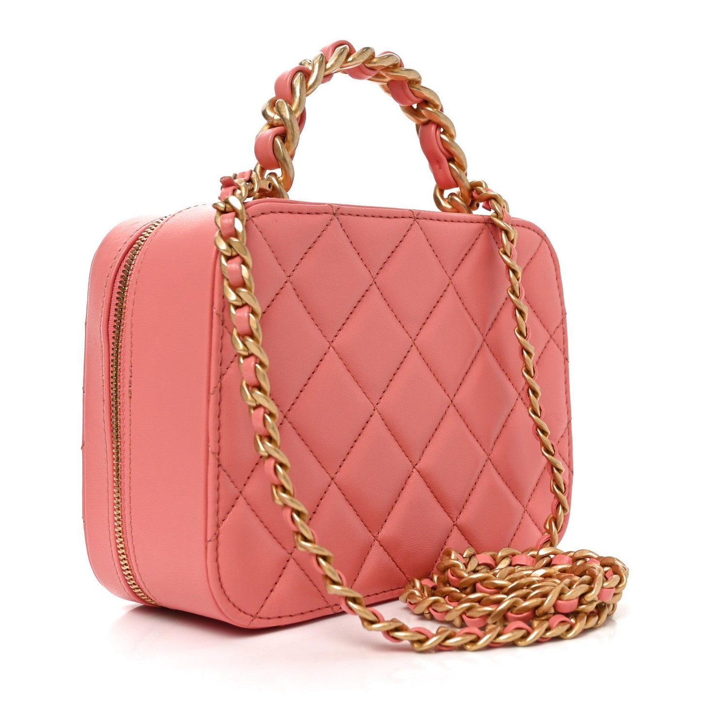 Lambskin Quilted Top Handle Small Vanity Case Pink