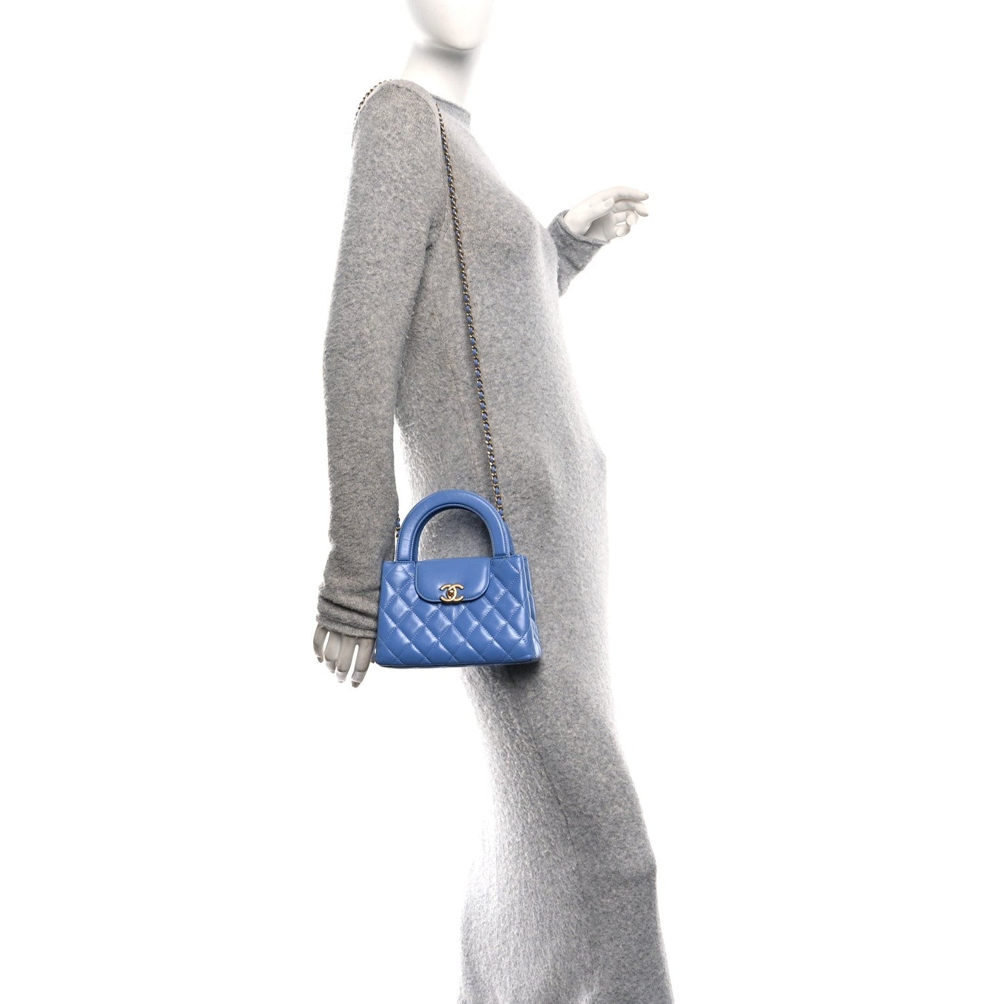 Shiny Aged Calfskin Quilted Nano Kelly Shopper Blue
