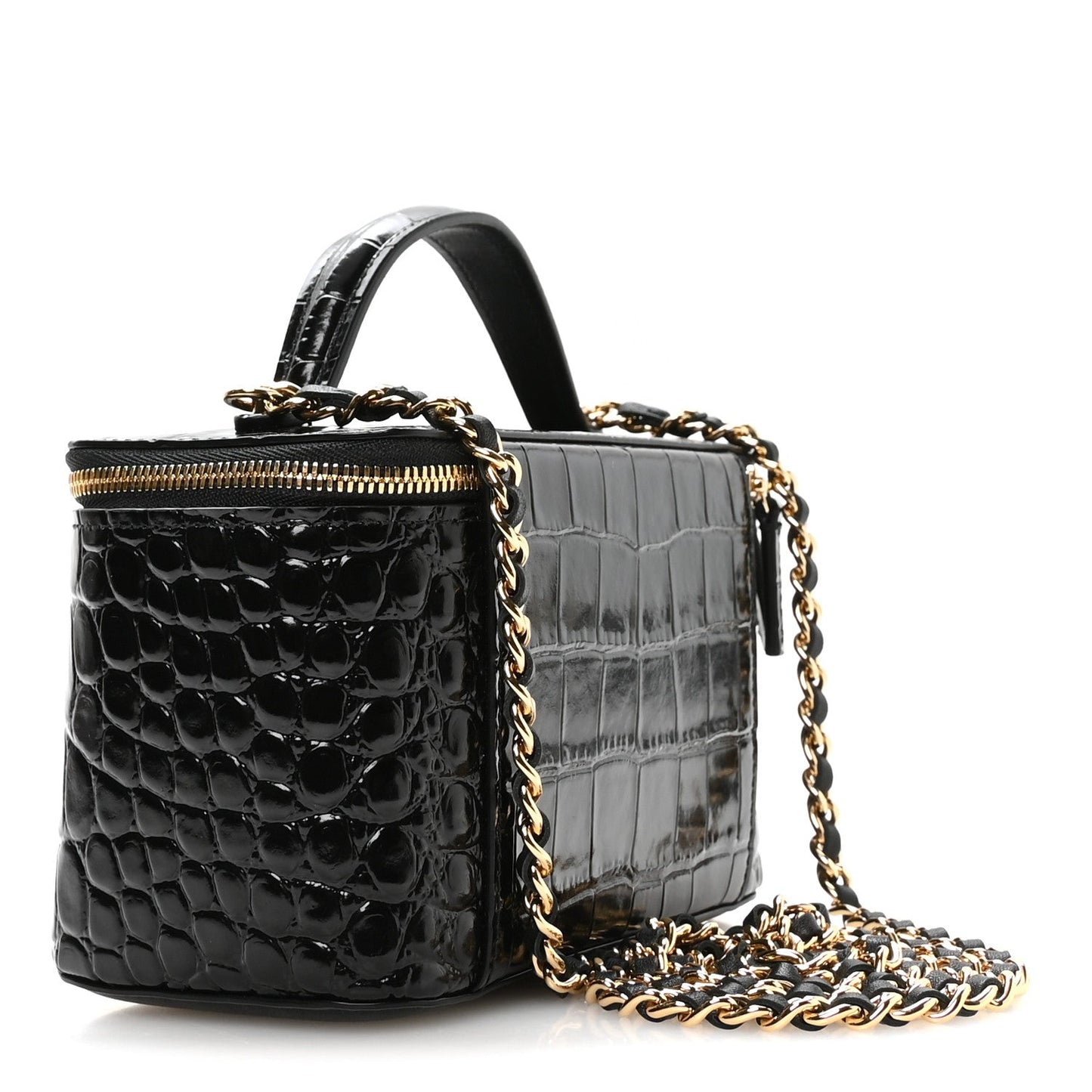 Calfskin Crocodile Embossed Exoticoco Small Top Handle Vanity Case With Chain Black