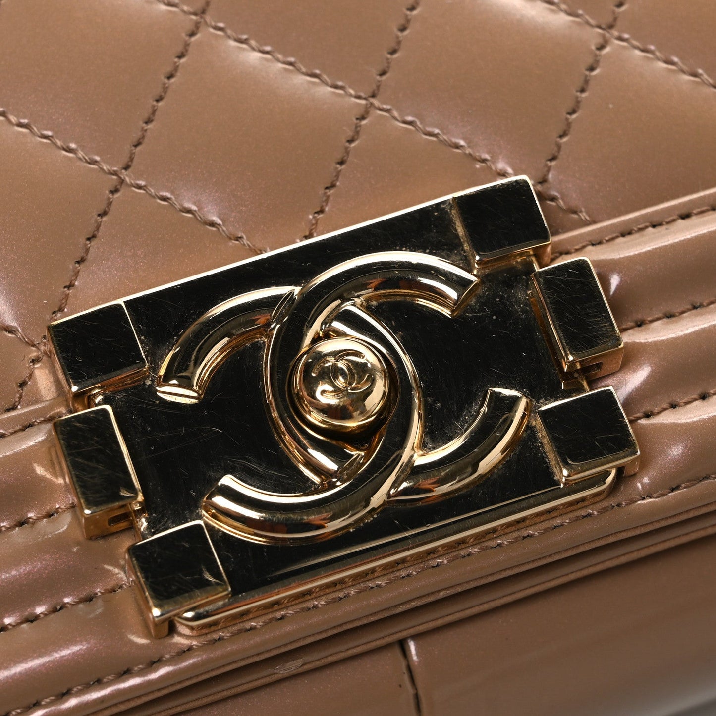 Iridescent Glazed Calfskin Quilted New Medium Boy Flap Dark Beige