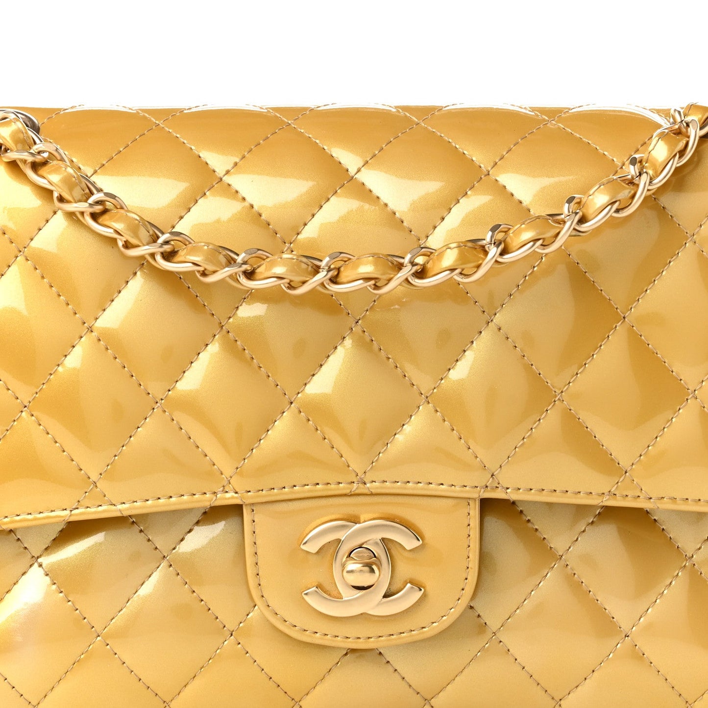 Metallic Patent Quilted Medium Double Flap Gold