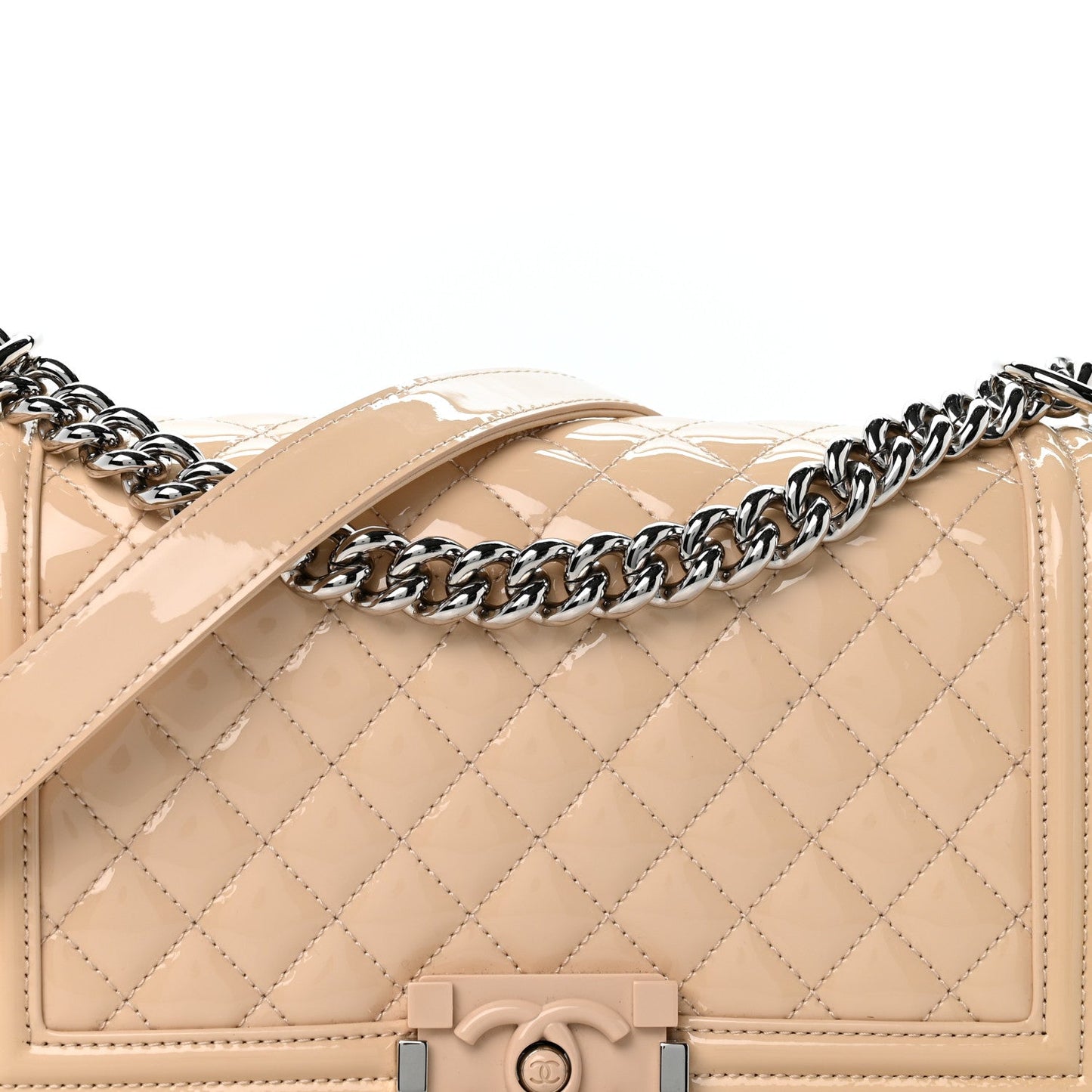 Patent Calfskin Quilted Medium Plexiglass Boy Flap Beige