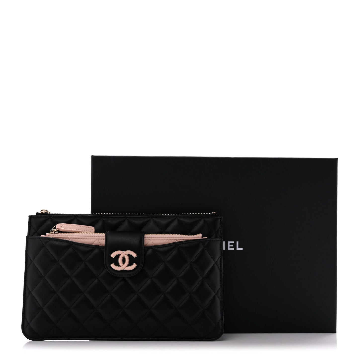 Lambskin Quilted Sunset Boulevard Pouch Case Black Pink