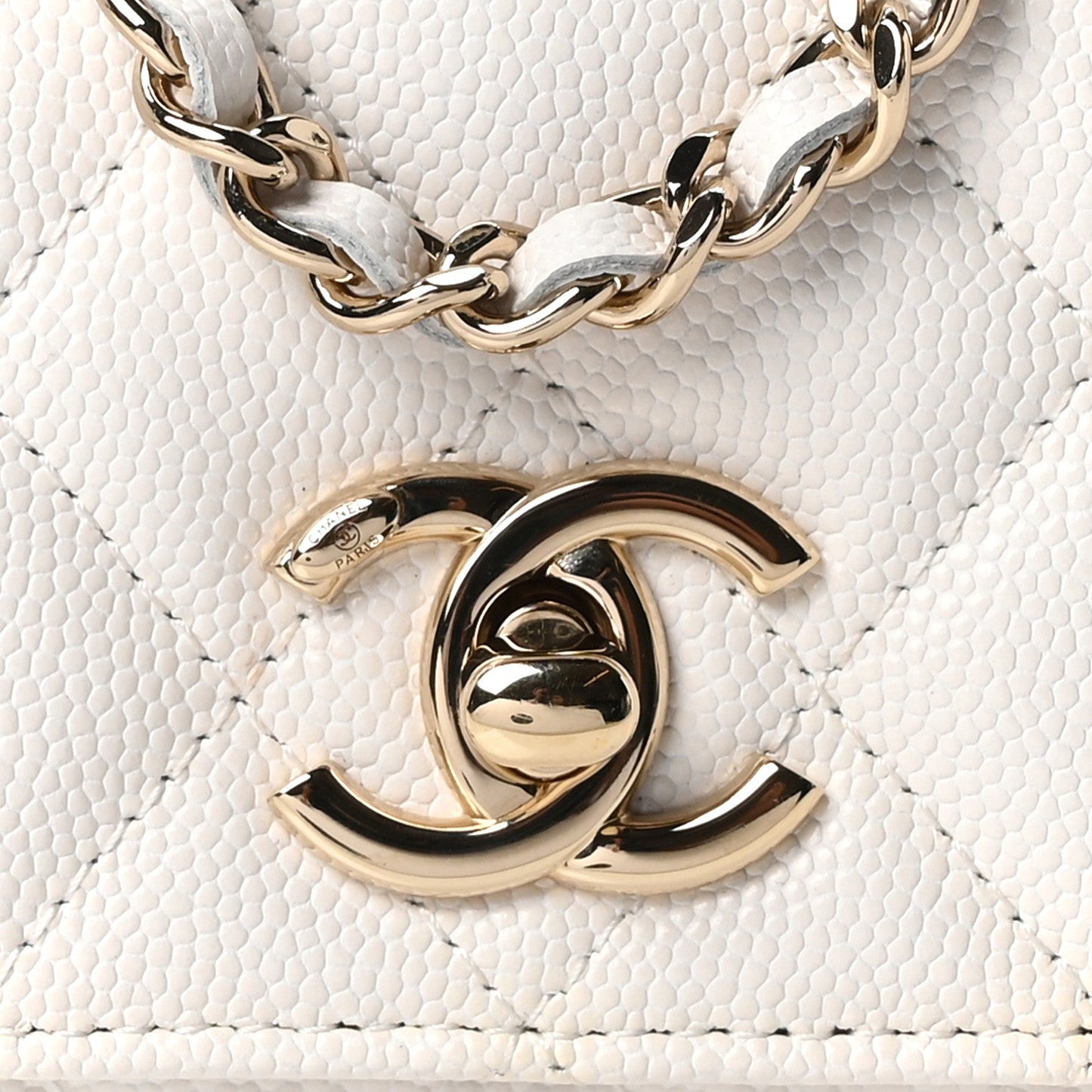 Caviar Quilted Coco Handle Clutch With Chain White