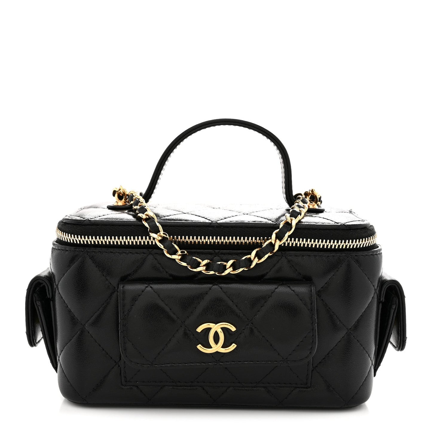 Lambskin Quilted Polly Pocket East West Top Vanity With Chain Black