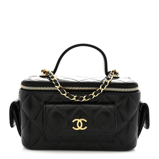 Lambskin Quilted Polly Pocket East West Top Vanity With Chain Black