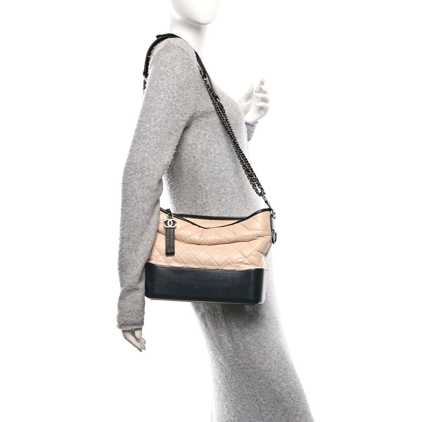 Aged Calfskin Quilted Medium Gabrielle Hobo Beige Black
