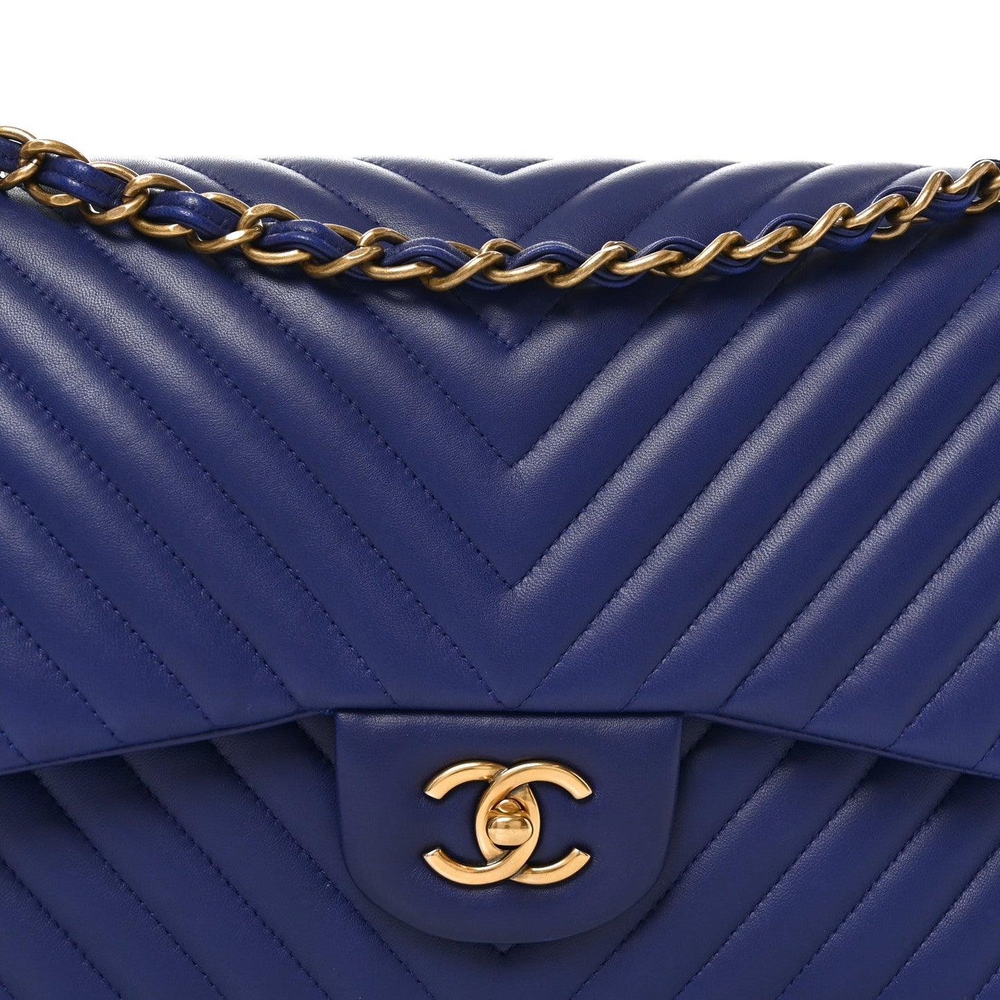 Lambskin Chevron Quilted Jumbo Double Flap Navy Blue