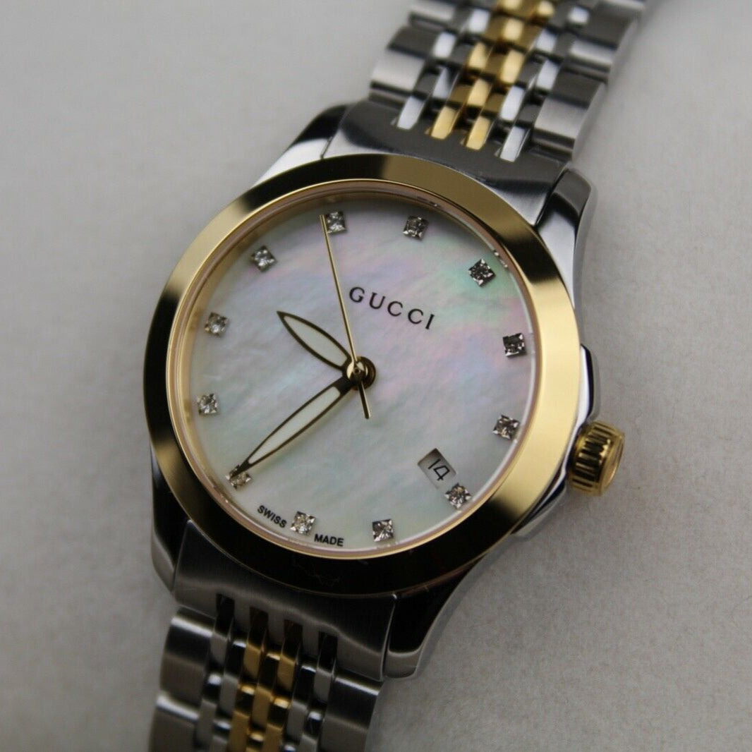 Gucci G Timeless Diamonds Mother of Pearl Dial Two Tone Mesh Bracelet Watch for Women - YA126513