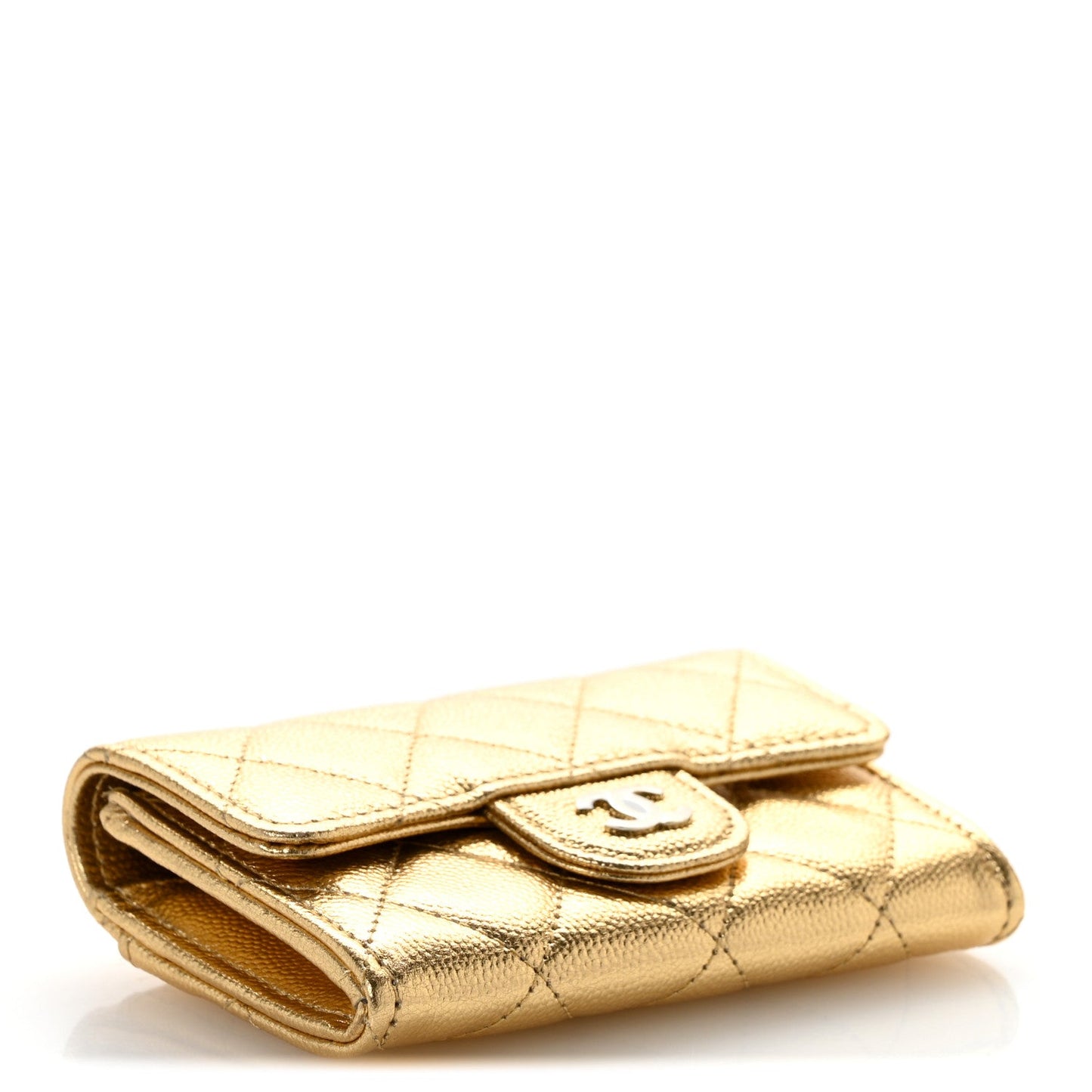 Metallic Caviar Quilted Flap Card Holder Wallet Gold