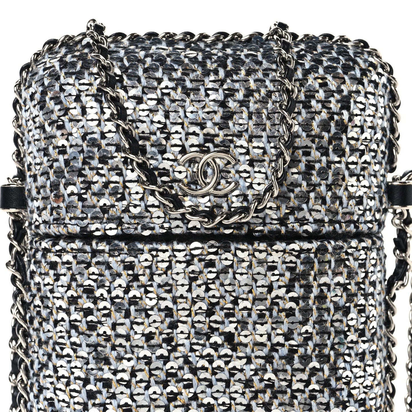 Tweed Sequin Chain Around Phone Holder Silver Black