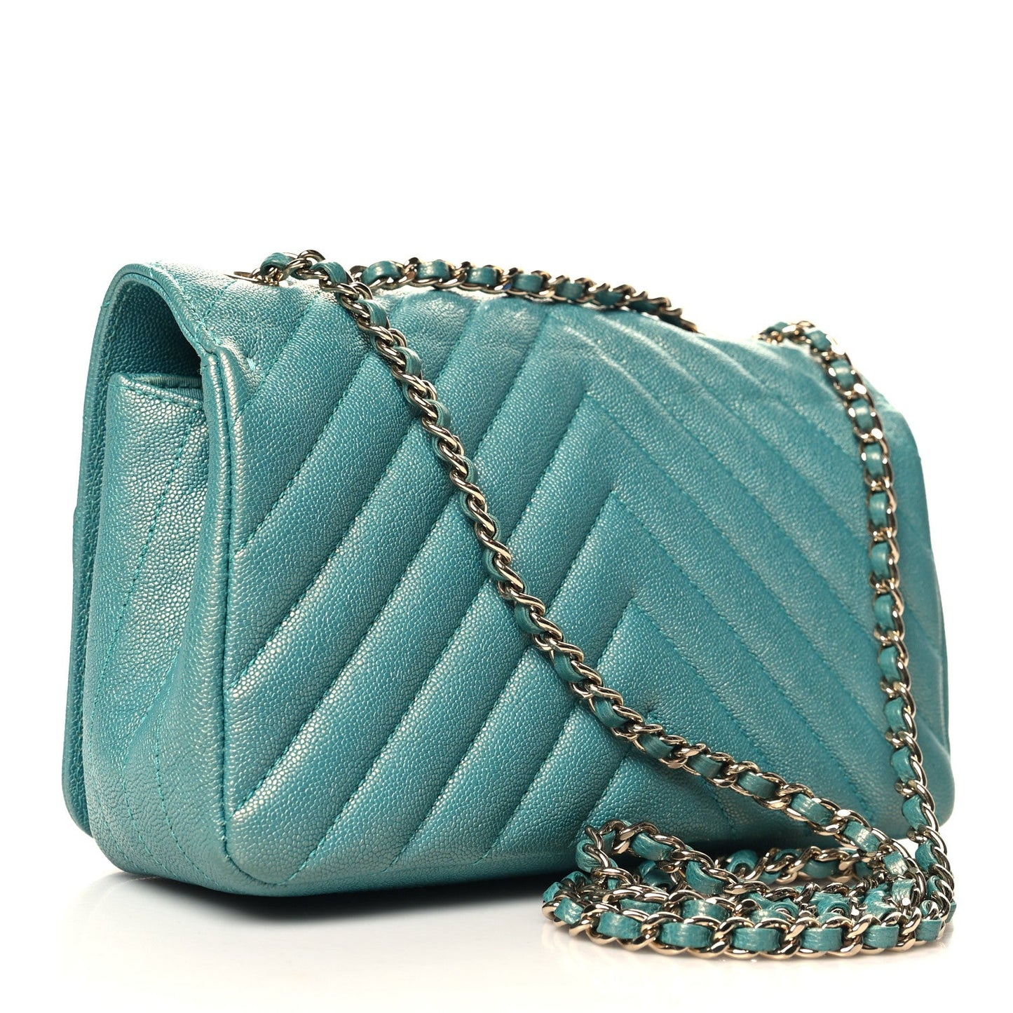 Caviar Chevron Quilted Small Statement Flap Turqouise