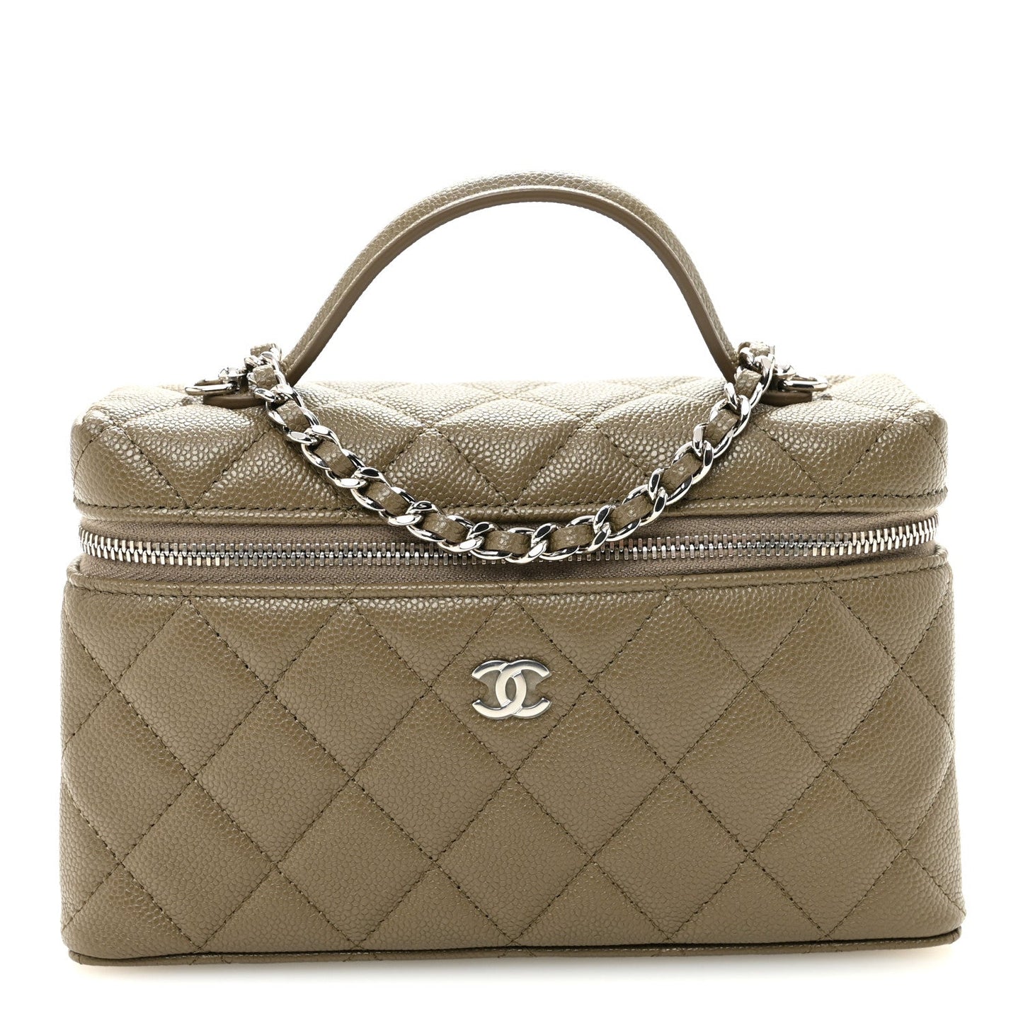 Caviar Quilted Top Handle Slim Vanity With Chain Dark Khaki