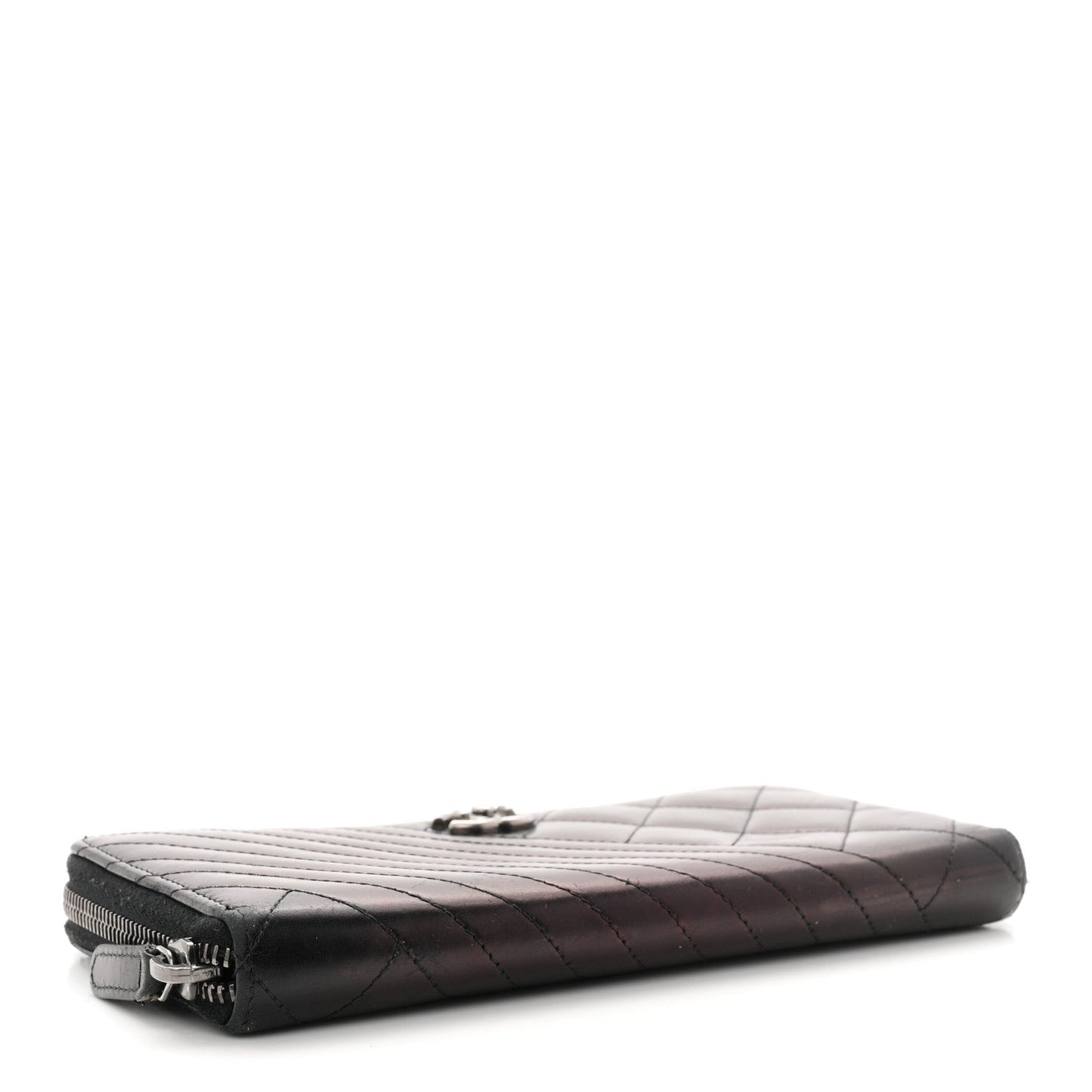 Glazed Calfskin Quilted Small Coco Boy Zip Around Wallet Black
