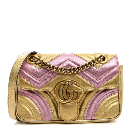 Metallic Calfskin Matelasse Mini GG Marmont Shoulder Bag Gold Pink