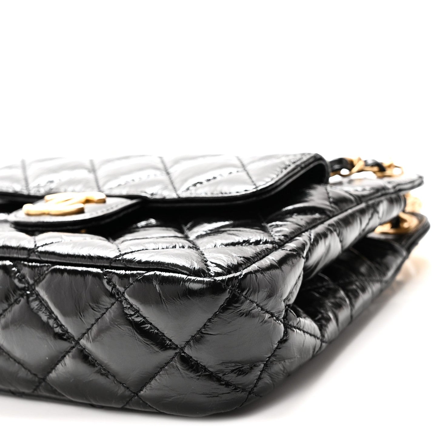 Shiny Crumpled Calfskin Quilted Small Wavy CC Hobo Black