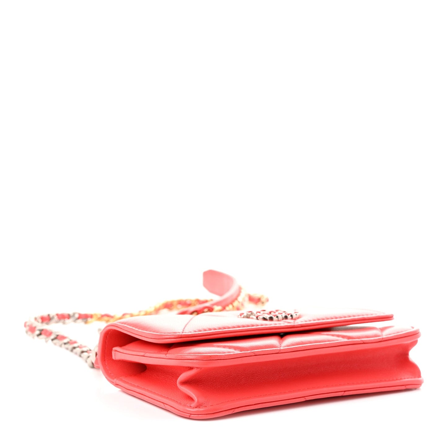 Lambskin Quilted Chanel 19 Flap Phone Holder With Chain Coral