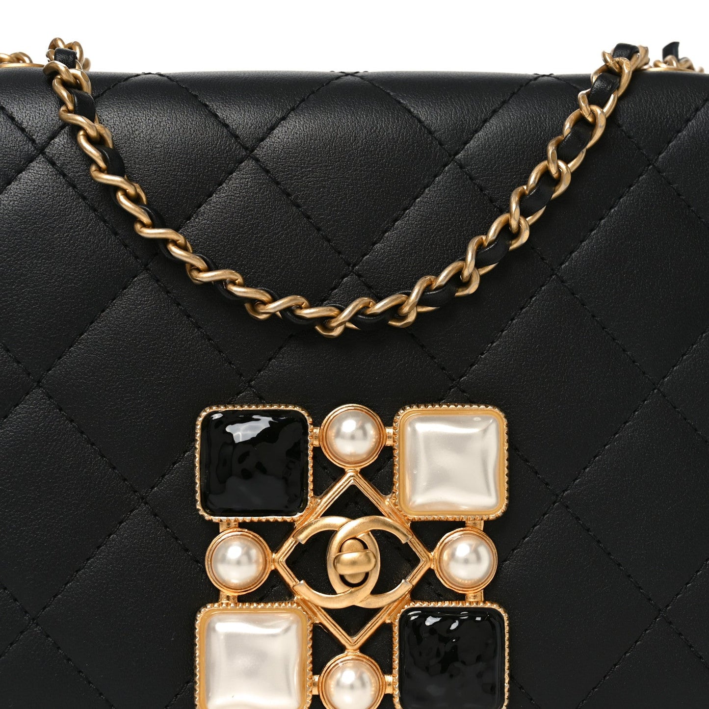 Calfskin Quilted Crystal Pearl Small Flap Bag Black