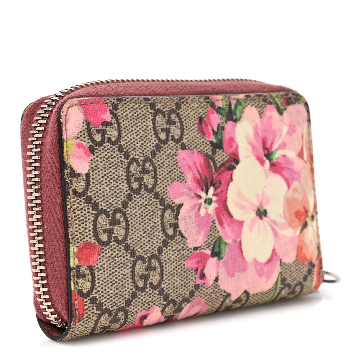 GG Supreme Monogram Blooms Zip Around Card Case Wallet Beige Multicolor Dry Rose