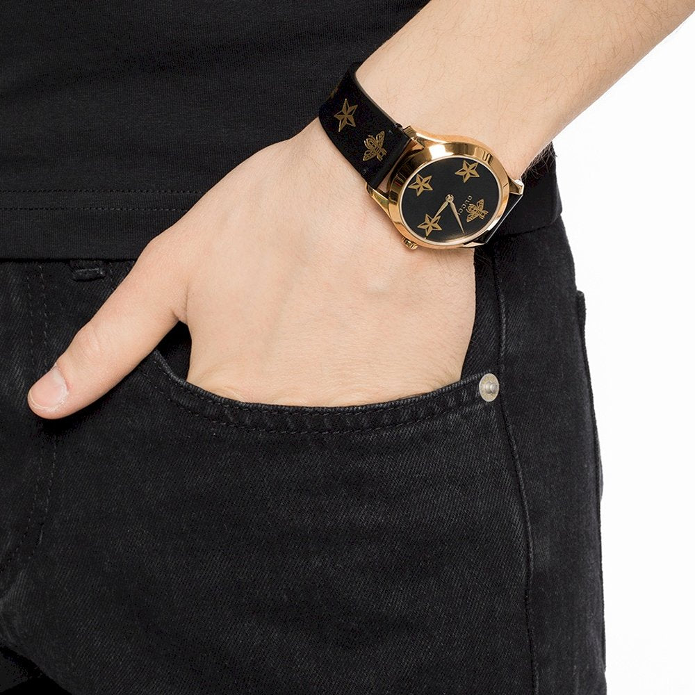 Gucci G Timeless Bee Motif Black Dial Black Leather Strap Watch For Women - YA1264055