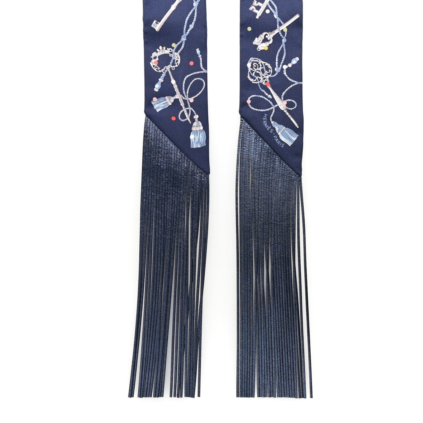 Silk Metallic Agneau Les Cles A Pois Fringed Twilly Bleu Marine Gris Argent Multicolor