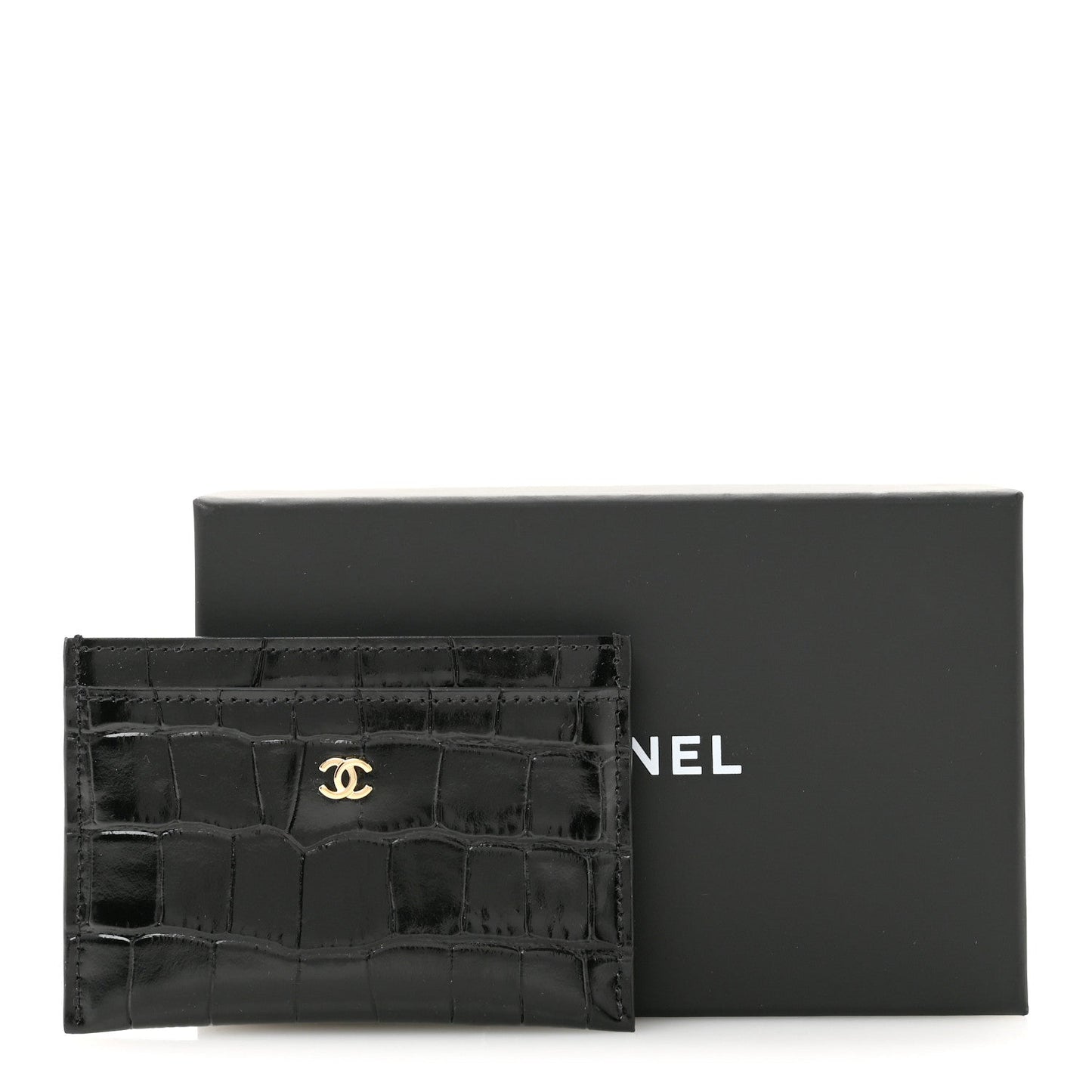 Calfskin Crocodile Embossed Crococo Card Holder Black