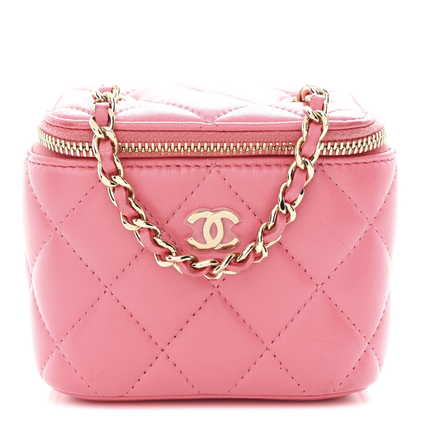 Lambskin Quilted Pearl Crush Mini Vanity Case With Chain Dark Pink