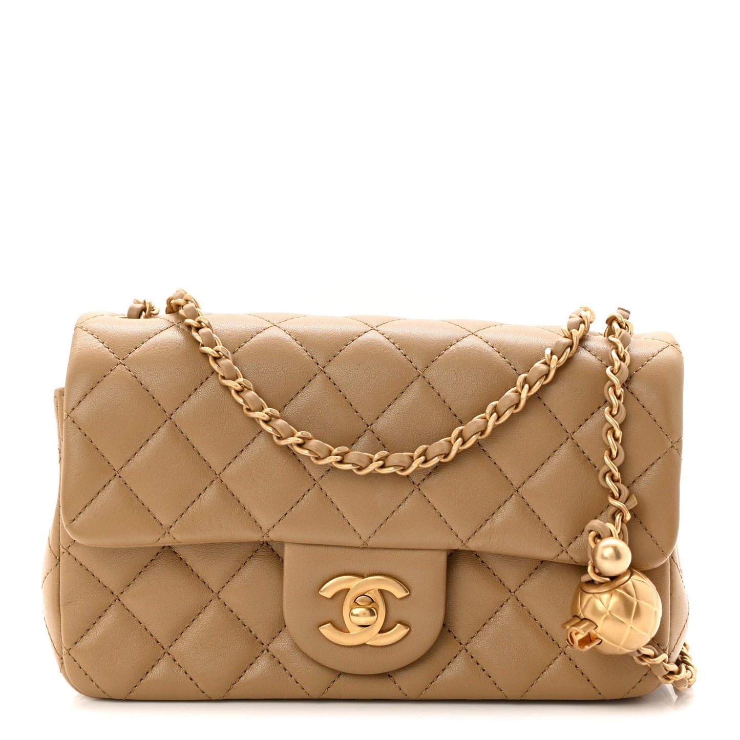 Lambskin Quilted Mini Rectangular Pearl Crush Flap Dark Beige