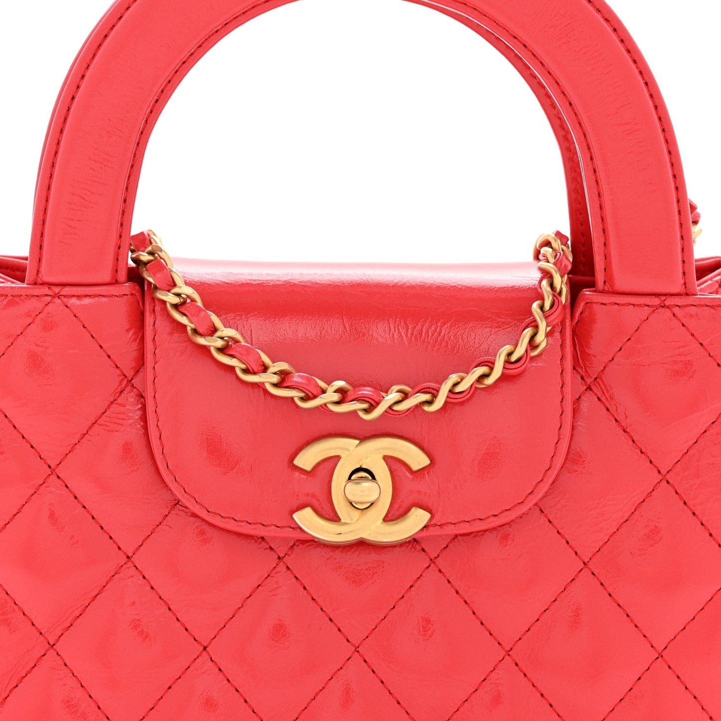 Shiny Aged Calfskin Quilted Nano Kelly Shopper Red