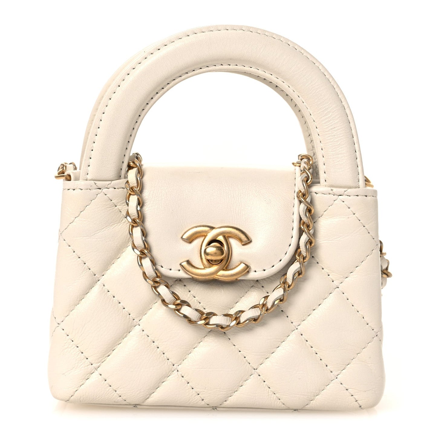 Shiny Aged Calfskin Quilted Mini Nano Kelly Shopper White