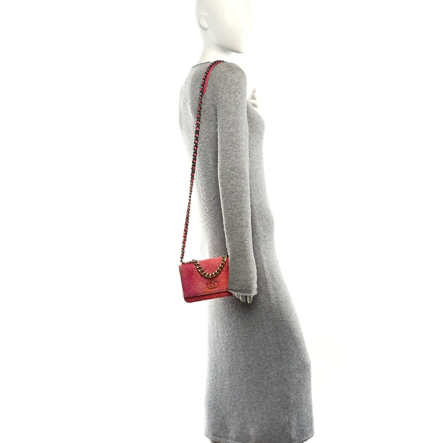 Wool Tweed Lambskin Quilted Chanel 19 Wallet On Chain WOC Coral Pink