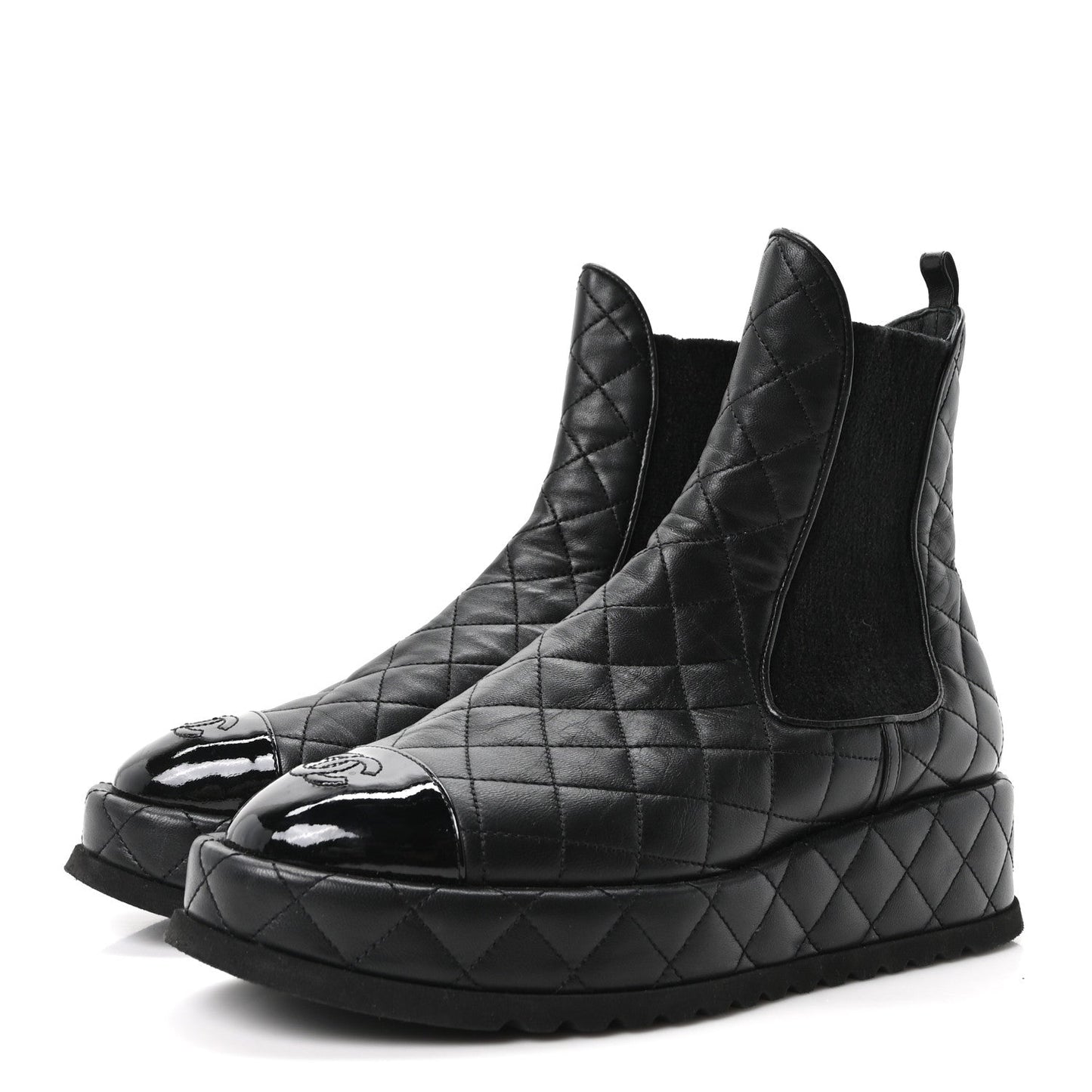 Lambskin Patent CC Cap Toe Quilted Short Platform Boots 39 Black